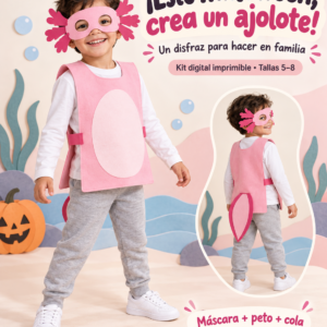 Disfraz de ajolote rosa con mascara, peto y cola. Kit digital imprimible para tallas 5 a 8.