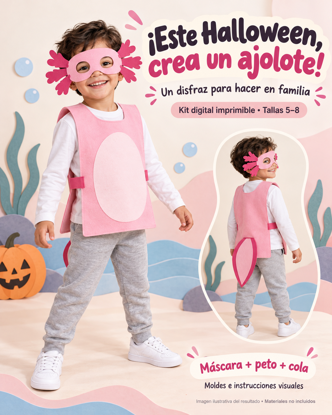 Disfraz de ajolote rosa con mascara, peto y cola. Kit digital imprimible para tallas 5 a 8.